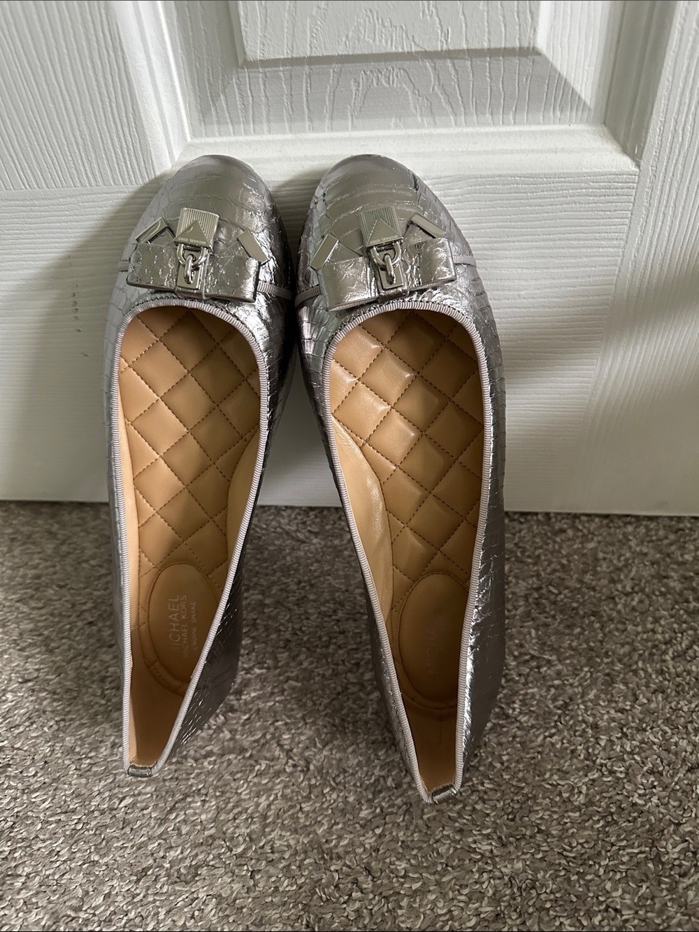 MICHAEL  KORS Metallic Silver Quilted Ballet Flats